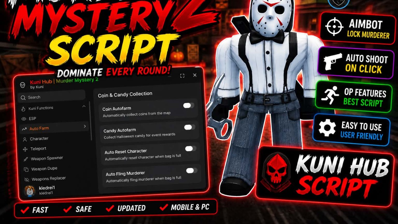 KUNIHUB | Autofarm, Teleport, Shoot Murderer
